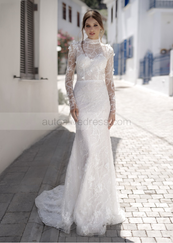 Long Sleeves Beaded Ivory Lace Tulle Exquisite Wedding Dress